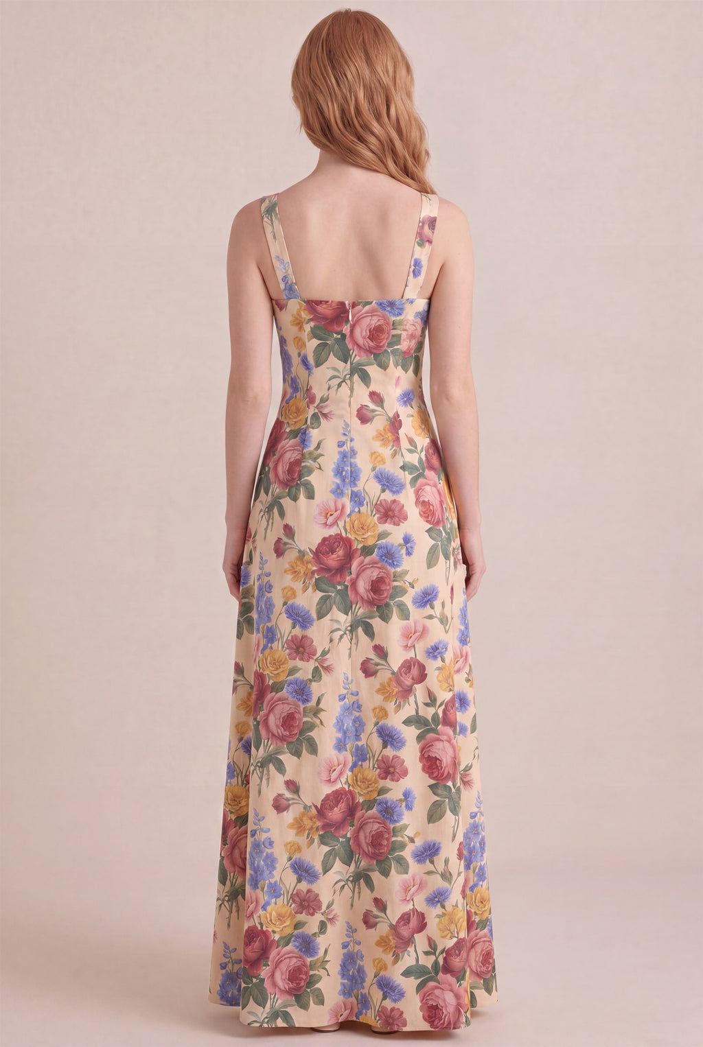 Vintage Rose Floral Dress - Square neck thick straps, maxi length, back view