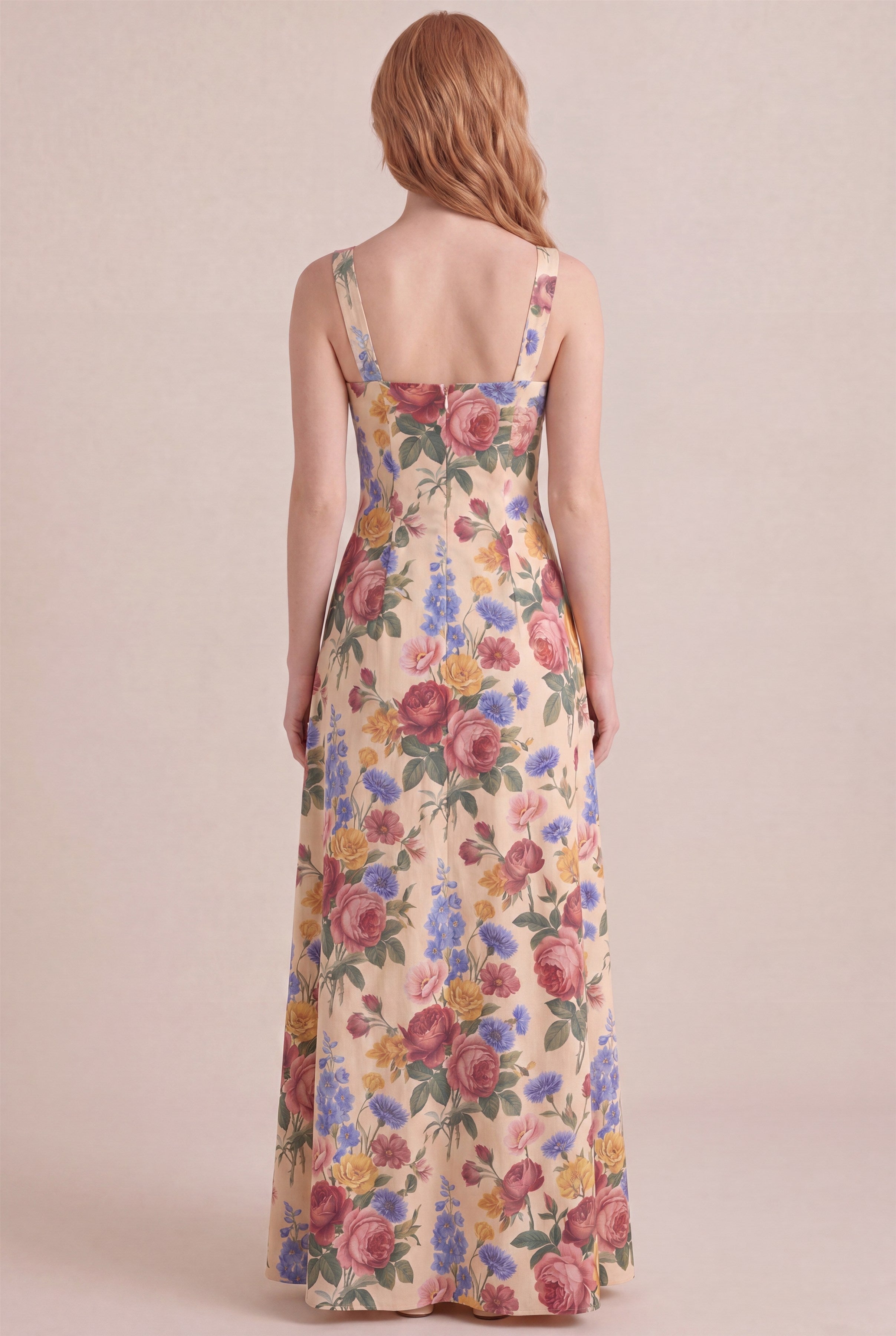Vintage Rose Floral Dress - Square neck thick straps, maxi length, back view