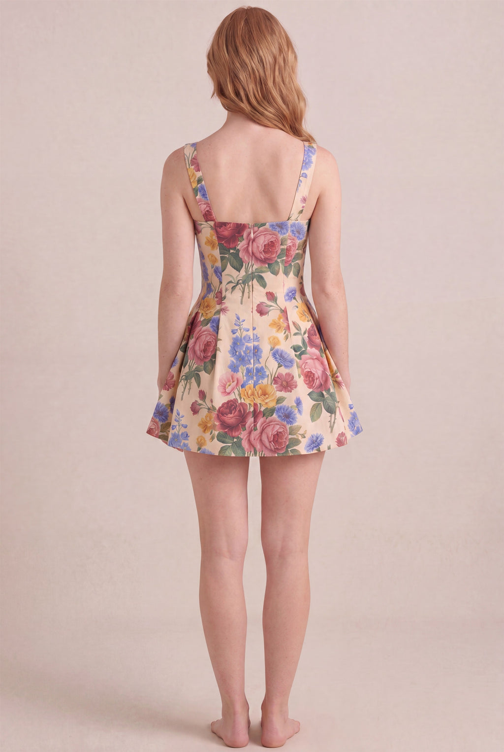 Vintage Rose Floral Dress – Square neck thick straps back, mini length, back view