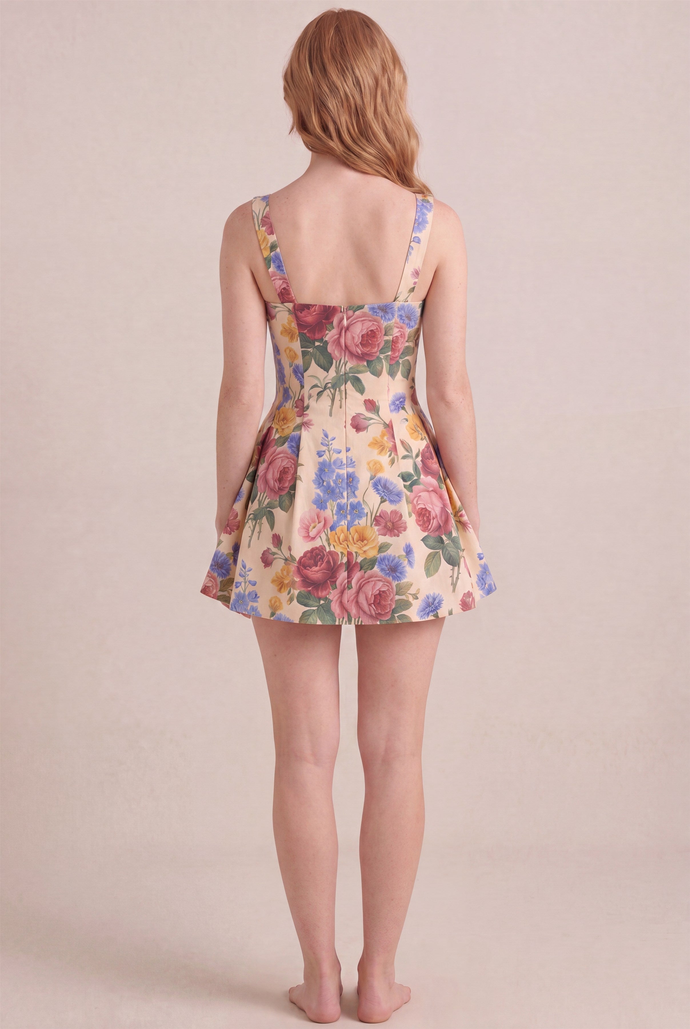 Vintage Rose Floral Dress – Square neck thick straps back, mini length, back view