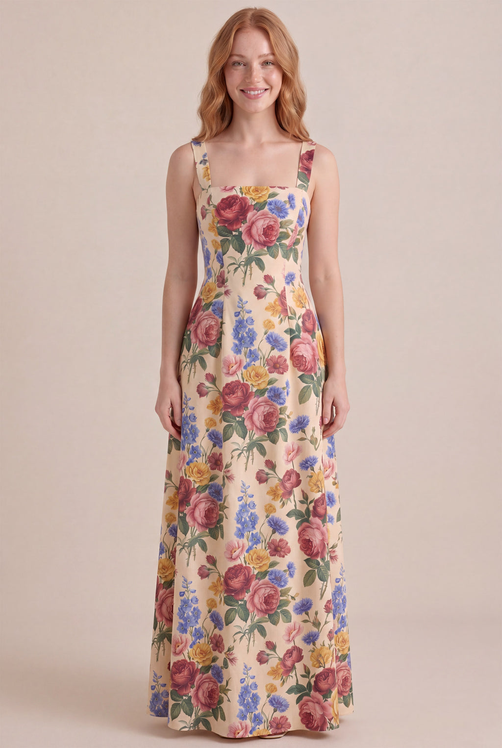 Vintage Rose Floral Dress – Square neckline with thick straps, maxi length, front view