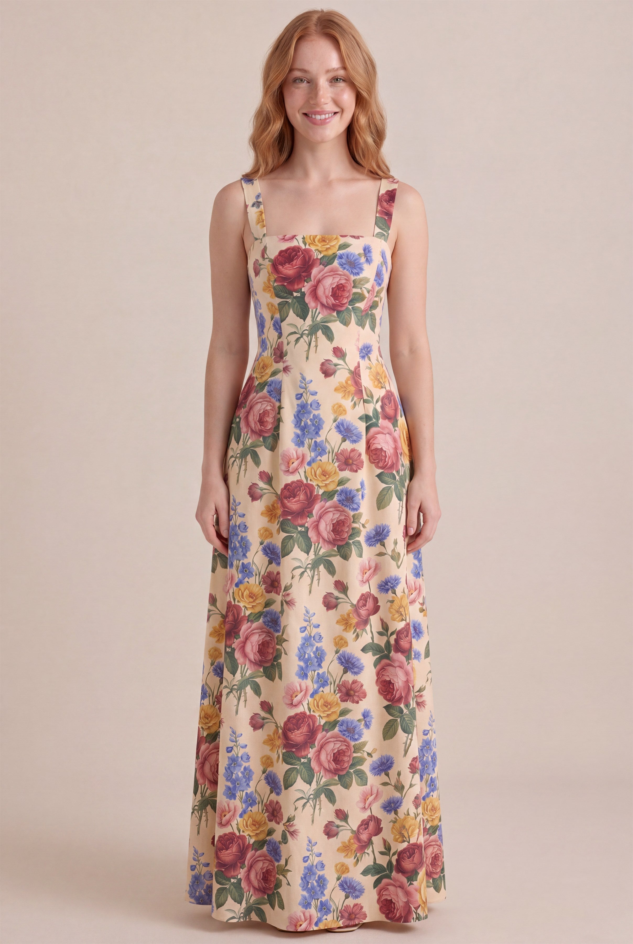 Vintage Rose Floral Dress – Square neckline with thick straps, maxi length, front view