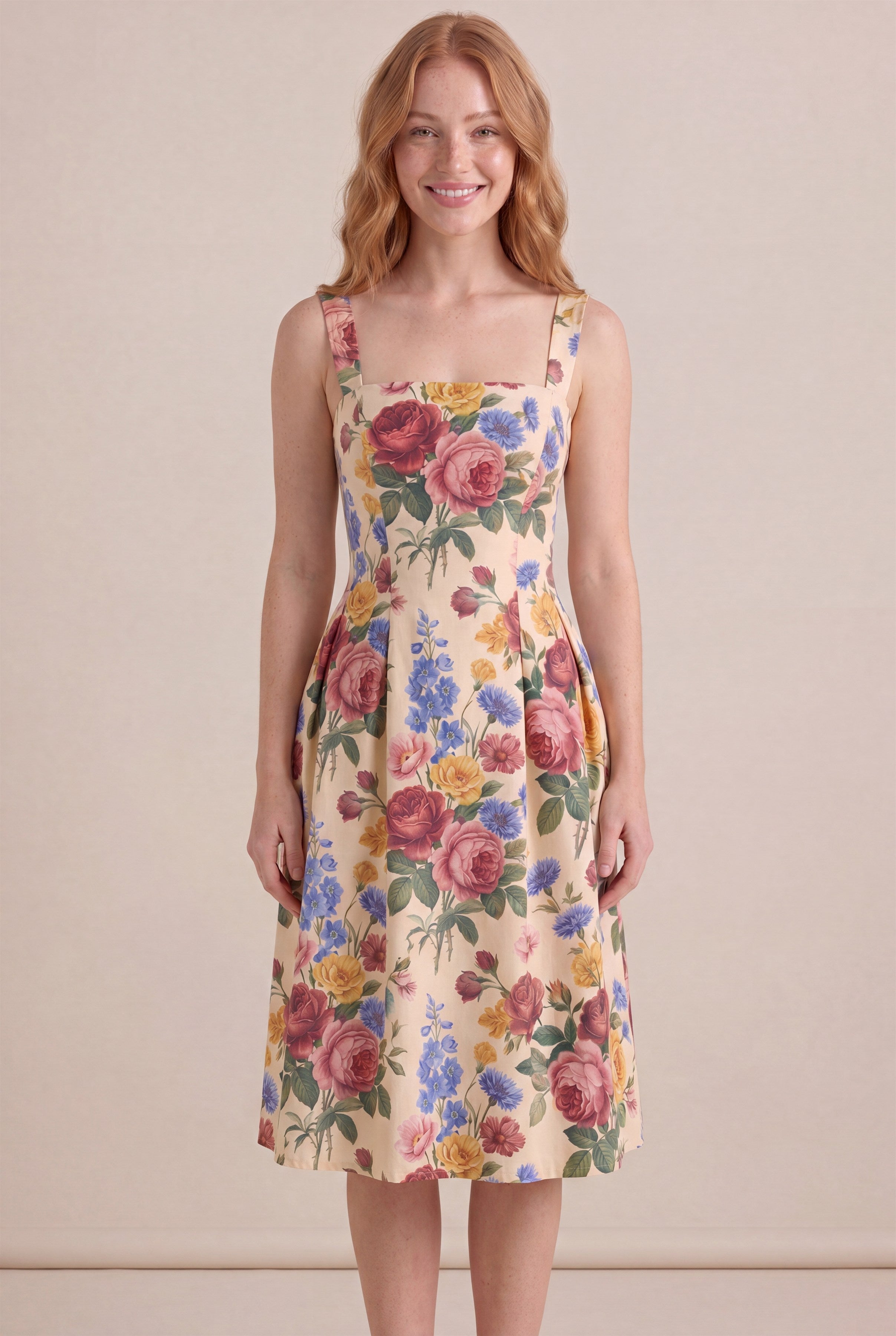 Vintage Rose Floral Dress – Square neckline with thick straps, midi knee length, front view