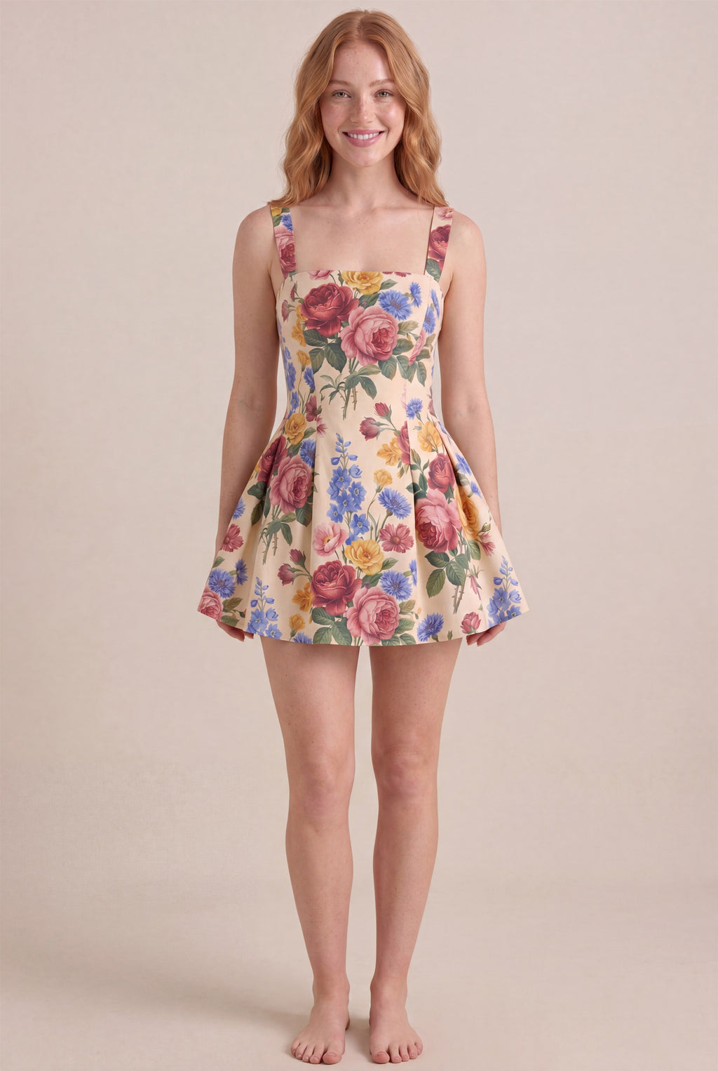 Vintage Rose Floral Dress – Square neckline with thick straps, mini length, front view