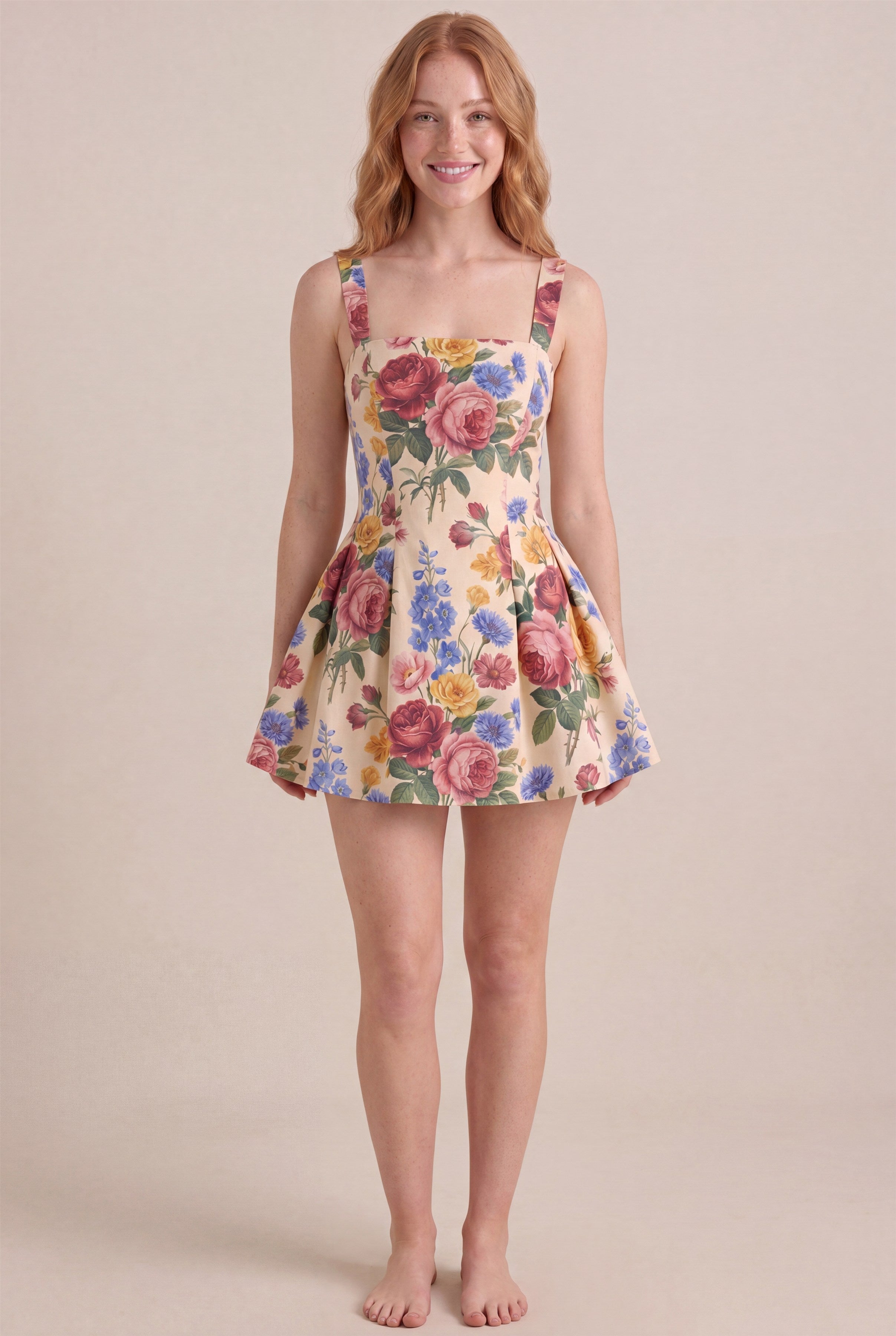 Vintage Rose Floral Dress – Square neckline with thick straps, mini length, front view